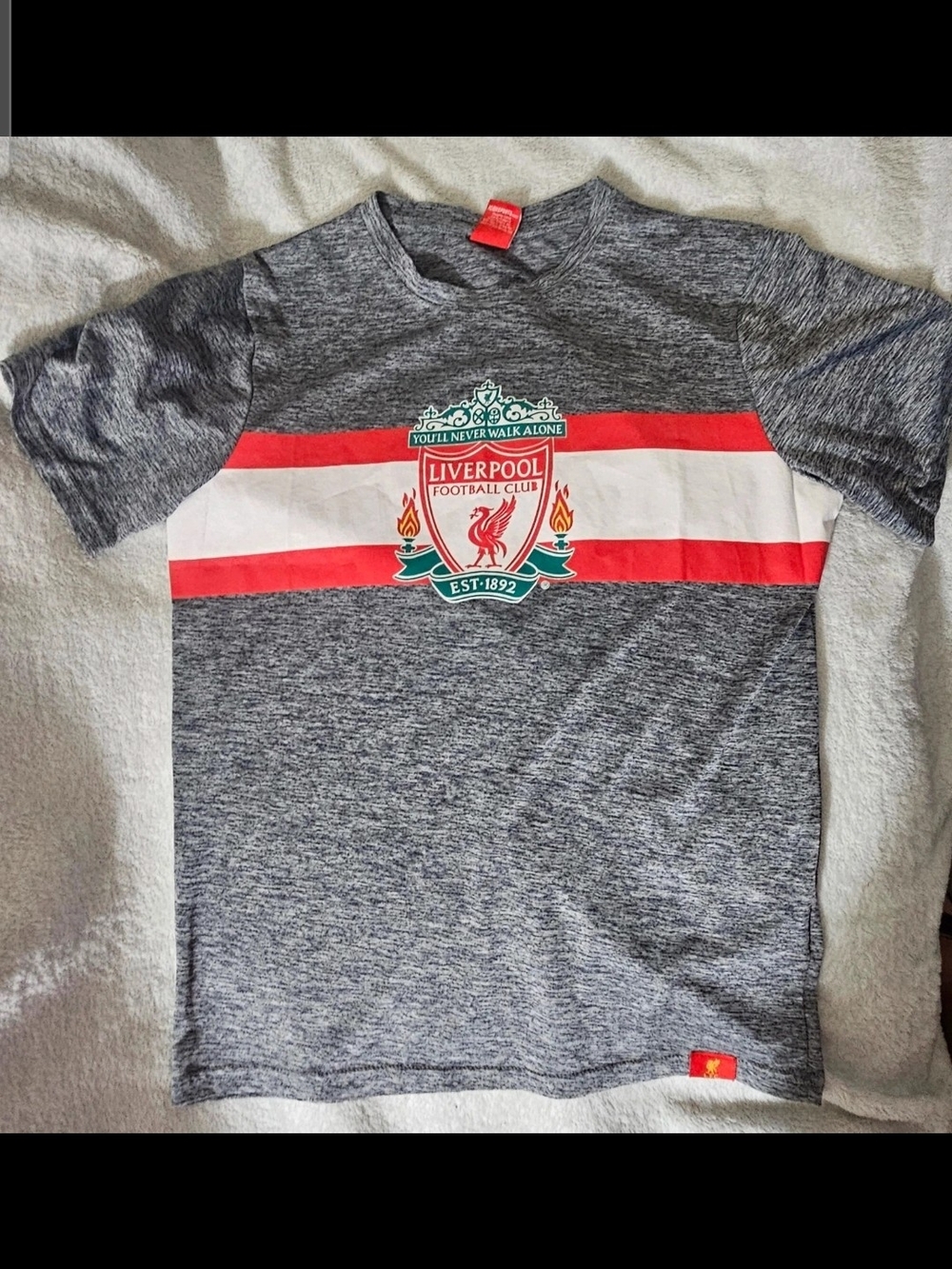 Liverpool Gray Heather Tee with Red & White Chest Stripe